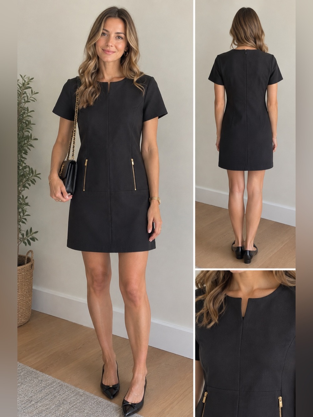 Tahari ASL Black Short-Sleeve Sheath Dress with Gold Zipper Accents